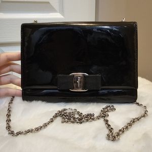Ferragamo Patent Small Clutch Bag with Bow Black